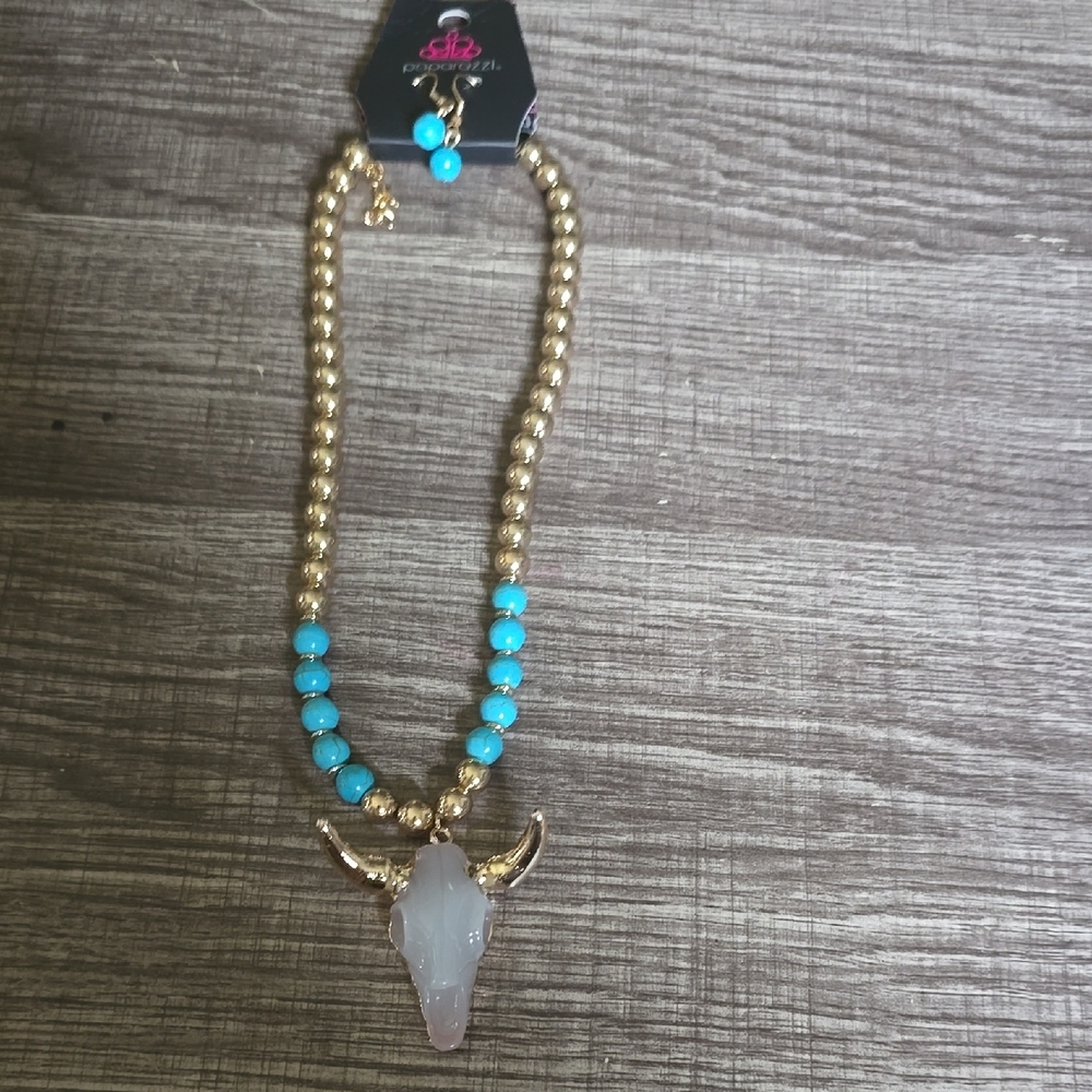 Paparazzi Gold and Turquoise Necklace with Bull Pendant